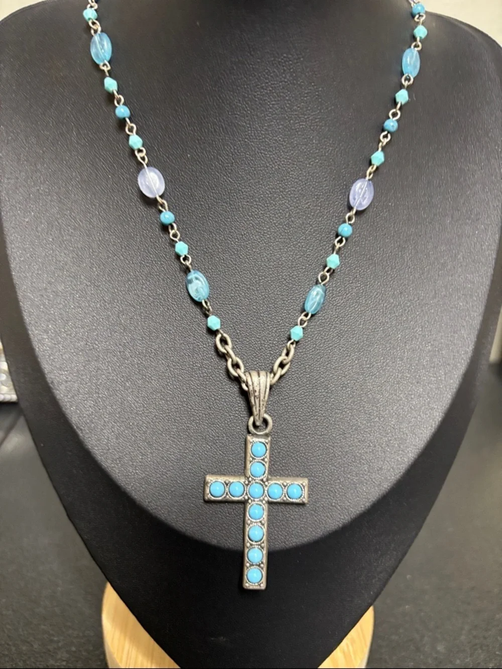 Vintage Blue Silver Tone Beaded Chain Cross Necklace